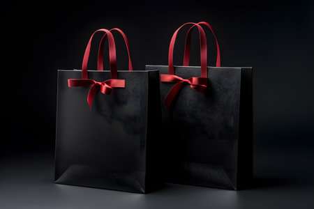 Multiple black shopping and gift bags tied with red ribbons isolated on dark backgroundの素材