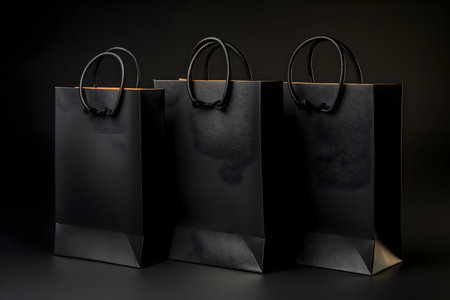 Multiple black shopping and gift bags isolated on dark backgroundの素材