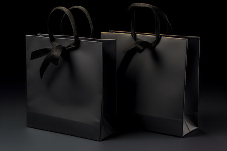 Multiple black shopping and gift bags tied with ribbons isolated on dark backgroundの素材