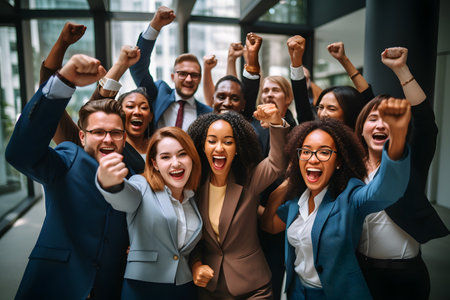 Happy group of business workers jumping and cheering to celebrate company successの素材