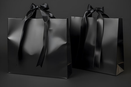 Multiple black shopping and gift bags tied with ribbons isolated on dark backgroundの素材