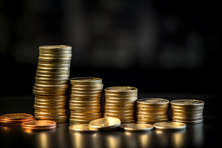 Finance and economics concept, multiple stacks of gold coins on black backgroundの素材
