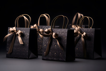 Multiple black shopping and gift bags tied with gold ribbons isolated on dark backgroundの素材