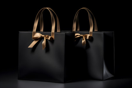 Multiple black shopping and gift bags tied with gold ribbons isolated on dark backgroundの素材