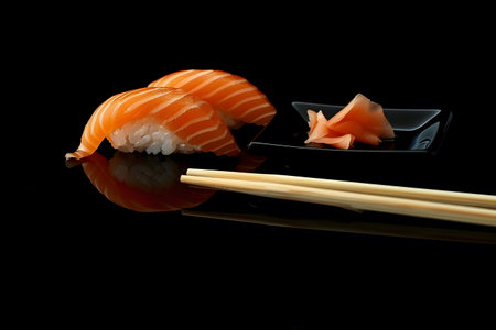Japanese cuisine sashimi sushi set or nigiri isolated on dark black backgroundの素材