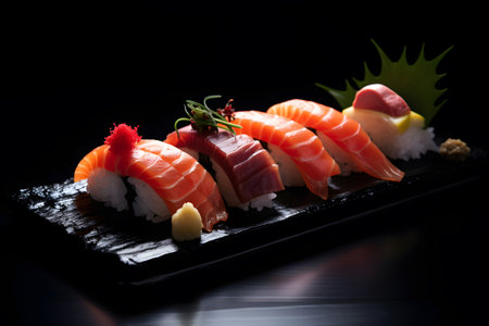 Japanese cuisine sashimi sushi set or nigiri isolated on dark black backgroundの素材