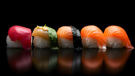Japanese cuisine sashimi sushi set or nigiri arranged in a row isolated on dark black backgroundの素材