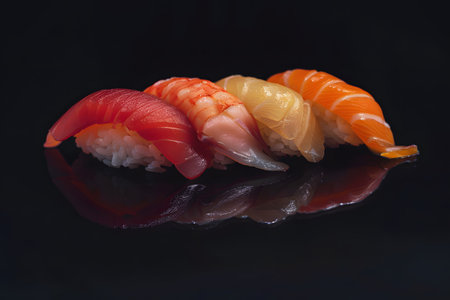 Japanese cuisine sashimi sushi set or nigiri isolated on dark black backgroundの素材