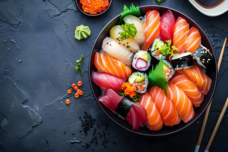 Top view of delicious sashimi poke bowl with fish, fish eggs, shrimp, scallions, sesame, and soy sauce on the side. Japanese cuisine.の素材