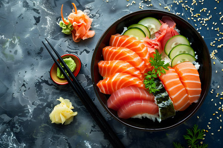 Top view of delicious sashimi poke bowl with fish, fish eggs, shrimp, scallions, sesame, and soy sauce on the side. Japanese cuisine.の素材