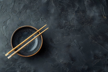 Japanese sushi chopsticks and soy sauce bowl on black stone background, flat lay top view with copy spaceの素材