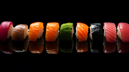 Japanese cuisine sashimi sushi set or nigiri arranged in a row isolated on dark black backgroundの素材