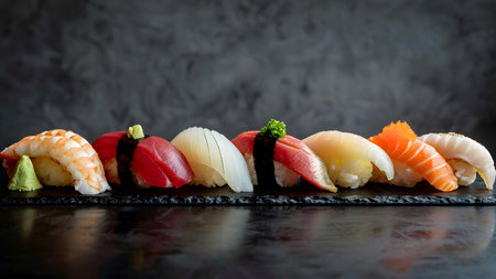 Japanese cuisine sashimi sushi set or nigiri arranged in a row isolated on dark black backgroundの素材
