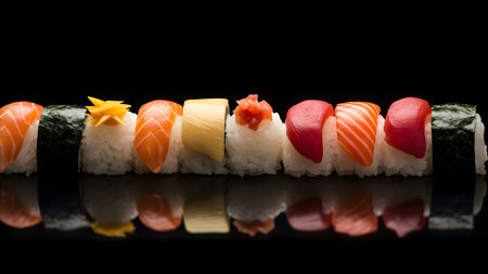 Japanese cuisine sashimi sushi set or nigiri arranged in a row isolated on dark black backgroundの素材
