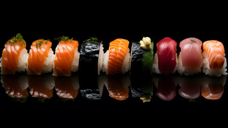 Japanese cuisine sashimi sushi set or nigiri arranged in a row isolated on dark black backgroundの素材