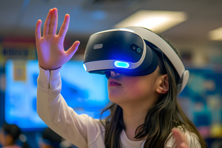 a student wearing a virtual reality headset and hand is trying to touch on a digital screen against a blur classroom backgroundの素材