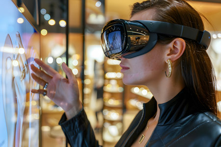 Metaverse futuristic concept, a woman shopper using virtual reality headset to shop online, her hand is interacting with a digital screen, browsing through items.の素材