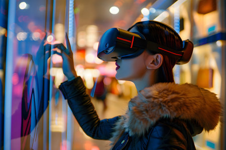 Metaverse futuristic concept, a woman shopper using virtual reality headset to shop online, her hand is interacting with a digital screen, browsing through items.の素材