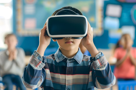 Student is wearing a virtual reality headset or glasses for online classroom learning experienceの素材