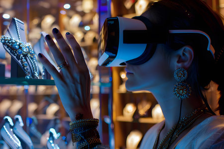 Metaverse futuristic concept, a woman shopper using virtual reality headset to shop online, her hand is interacting with a digital screen, browsing through items.の素材