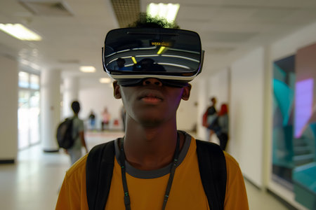 Student is wearing a virtual reality headset or glasses for online classroom learning experienceの素材