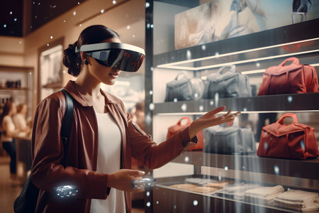 Metaverse futuristic concept, a woman shopper using virtual reality headset to shop online, her hand is interacting with a digital screen, browsing through items.の素材