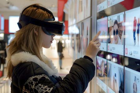 Metaverse futuristic concept, a woman shopper using virtual reality headset to shop online, her hand is interacting with a digital screen, browsing through items.の素材