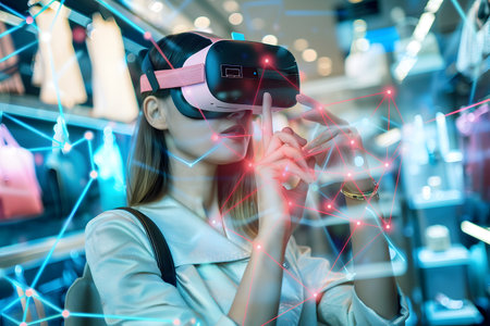 Metaverse futuristic concept, a woman shopper using virtual reality headset to shop online, her hand is interacting with a digital screen, browsing through items.の素材