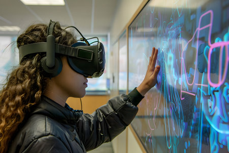 a student wearing a virtual reality headset and hand is trying to touch on a digital screen against a blur classroom backgroundの素材