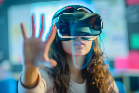 a student wearing a virtual reality headset and hand is trying to touch on a digital screen against a blur classroom backgroundの素材