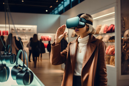 Metaverse futuristic concept, a woman shopper using virtual reality headset to shop online, her hand is interacting with a digital screen, browsing through items.の素材
