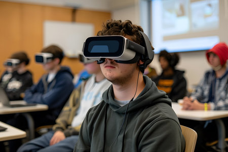 Student is wearing a virtual reality headset or glasses for online classroom learning experienceの素材