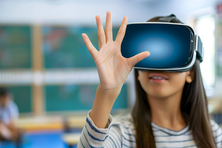 a student wearing a virtual reality headset and hand is trying to touch on a digital screen against a blur classroom backgroundの素材
