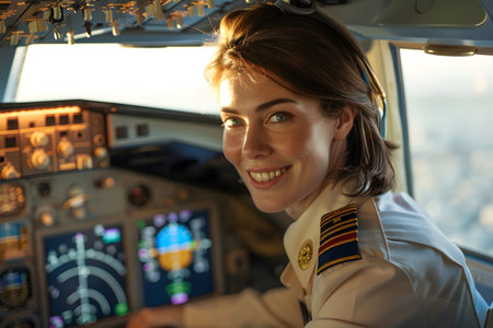Portrait of smiling female pilot in cockpit of airplane preparing to take offの素材