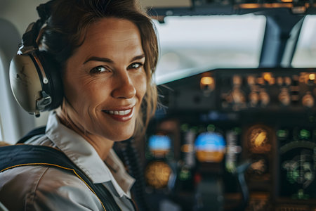 Portrait of smiling female pilot in cockpit of airplane preparing to take offの素材