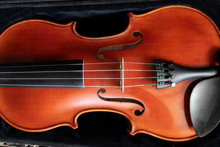 Close up violin music string instrument of orchestra in the caseの写真素材