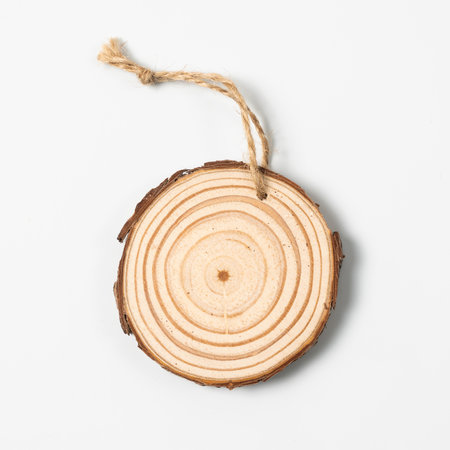 Wood slice of oak tree branch showing growth rings isolated on white background.の写真素材