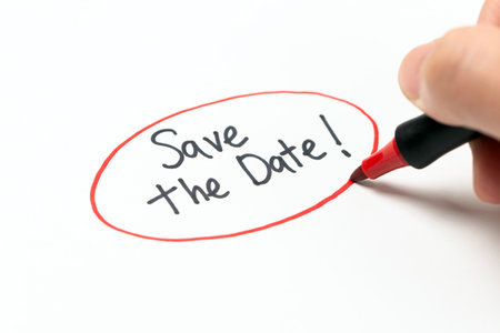 Handwriting text Save The Date with red marker pen, conceptual remember the schedule, appointment or invitationの写真素材