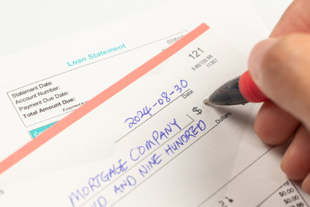 Hand writing a check for the overdue home loan mortgage paymentの写真素材