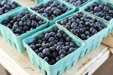 Close up fresh blueberries packed in green paper cartons at farmers markets.の写真素材