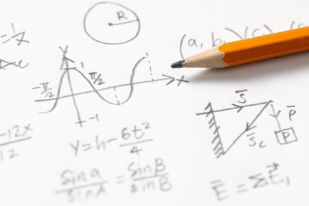 Handwritten mathematical equations, a sine wave graph, geometric shapes, and a right triangle diagram on white paper with a yellow pencil.の写真素材