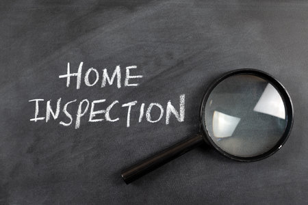 Home inspection words written on a blackboard with white chalk and a magnifying glass.の写真素材
