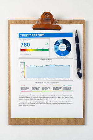 Detail credit report showing a score of 780 on a wood clipboard, accompanied by a pen. The report includes factors influencing the score, a credit score history graph, and score categoriesの写真素材