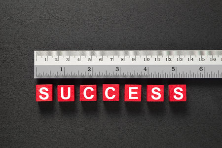 Red wooden blocks with success word and measure the success using ruler, representing a review, evaluation or assessment of an employee or businessの写真素材