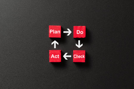 Red wood blocks PDCA, plan, do, check and act in cycle on dark background for continuous improvement on business concept.の写真素材