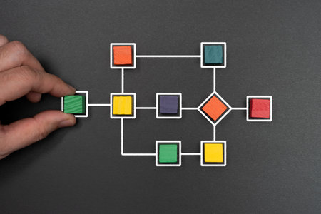 Business process and workflow with flowchart written on blackboard, and multicolor wooden cubes fill in some of the squares. Management and organization concept.の写真素材