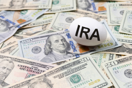 Financial planning for retirement featuring a white egg labeled Individual Retirement Account, IRA placed on a bed of U.S. dollar bills, represented by the nest egg metaphor.の写真素材
