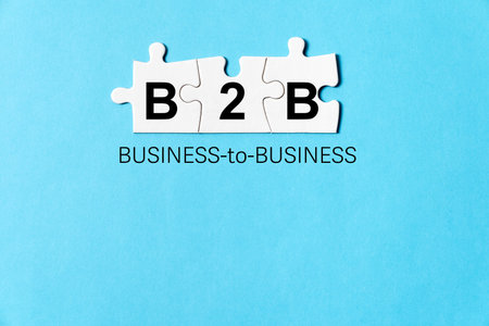 Business concept image with letters B2B written on white jigsaw puzzles means business to business, isolated on blue backgroundの写真素材