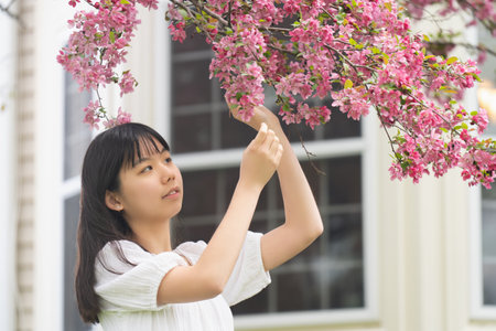 A portrait of a girl teen in a white dress smiling under a tree covered in vibrant pink flowers, set in springtime.の写真素材