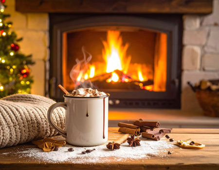 Cup of hot cocoa with marshmallow on wooden table in front of fireplaceの素材